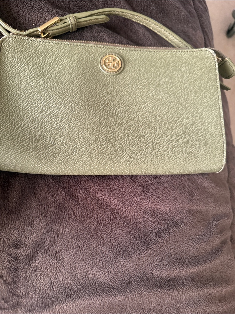Tory Burch Olive Green Pebbled Leather Crossbody with Gold Logo
